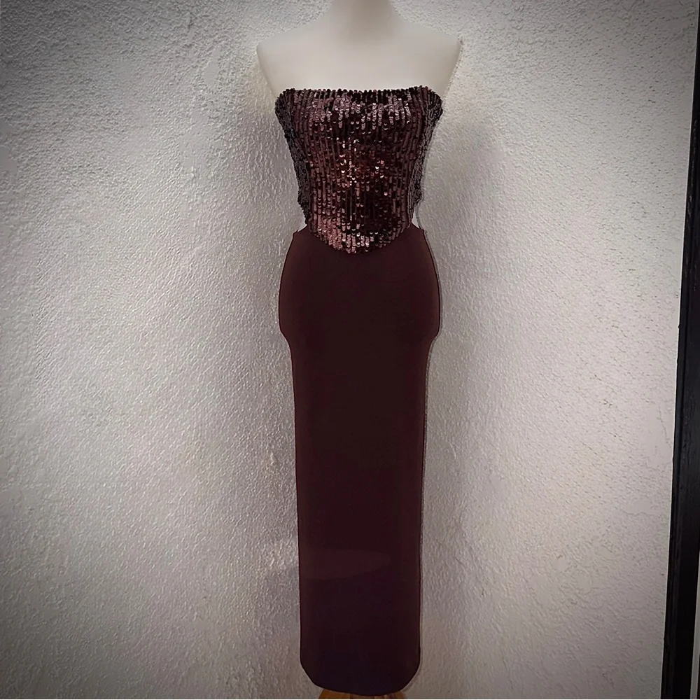 Zara sequin embellished brown Strapless cut out modern fit midi Dress size small - Picture 5 of 16